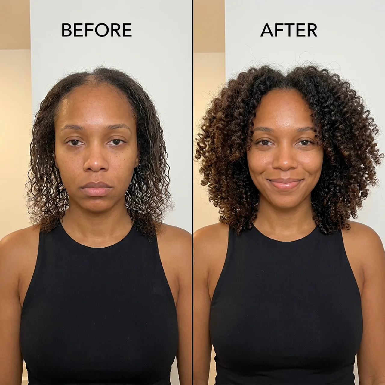 Before and after comparison of full hair volume