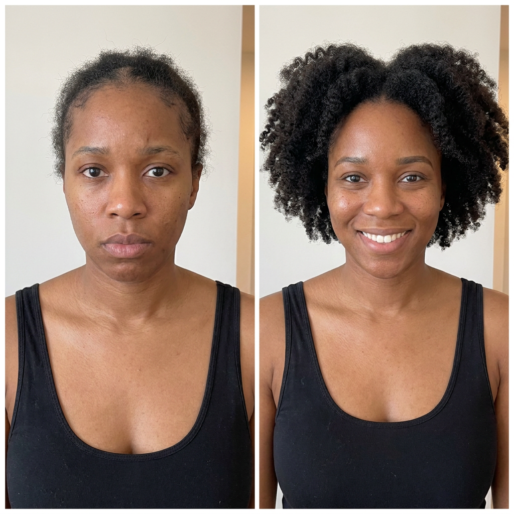 Before and after photo illustration of full hair volume