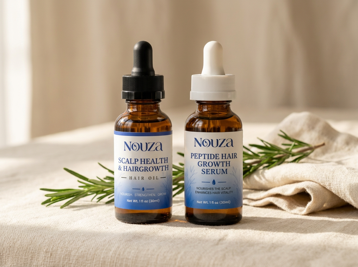 NOUZA Hair Oil and Peptide Serum bottles displayed together on linen